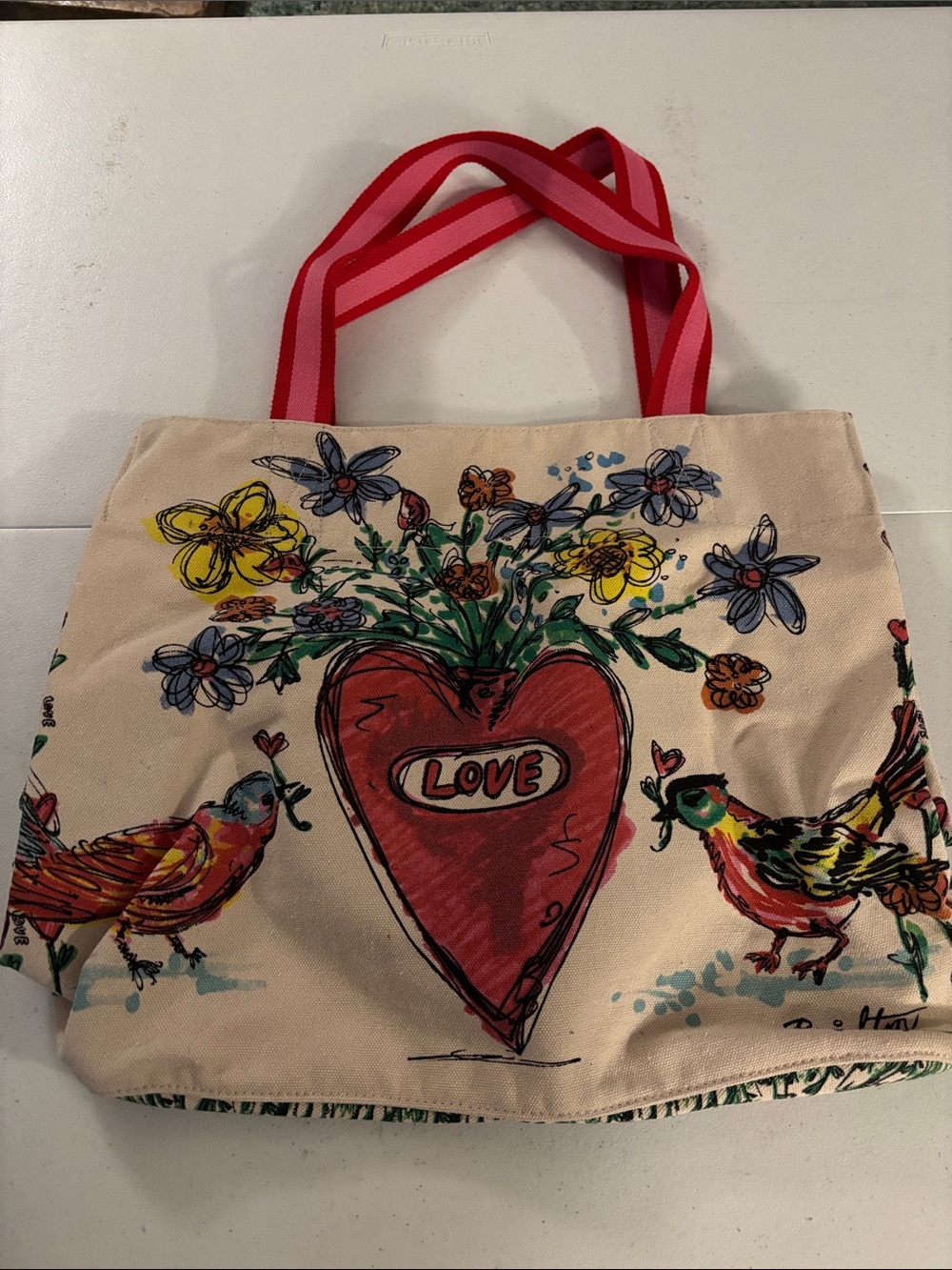 Brighton Canvas Floral Heart Tote Bag with Pink Straps